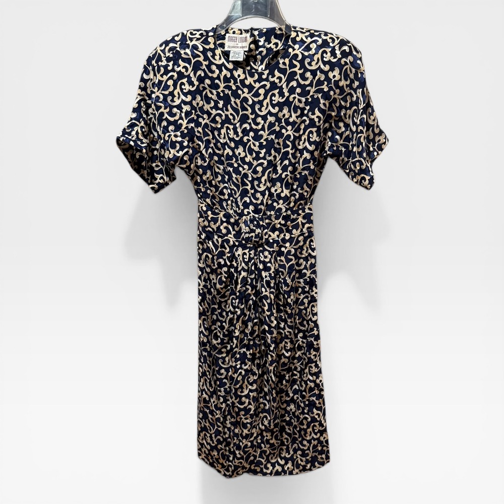 Maggy London Dress Womens 4 Navy Gold Vintage Silk Jacquard Excellent Floral 80s - Picture 2 of 6